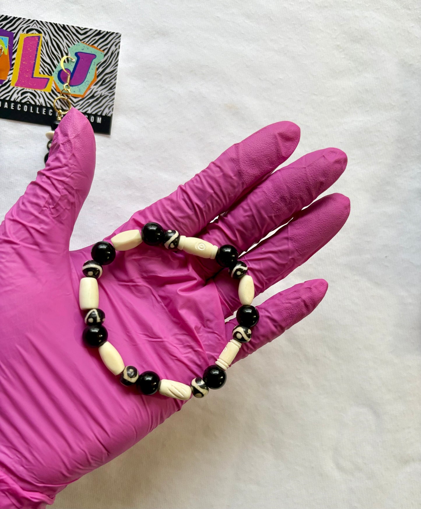 Bone & Noir Bracelet Stack of 5 Set & Earrings | Size 7.75 Inch Stretch Bracelets