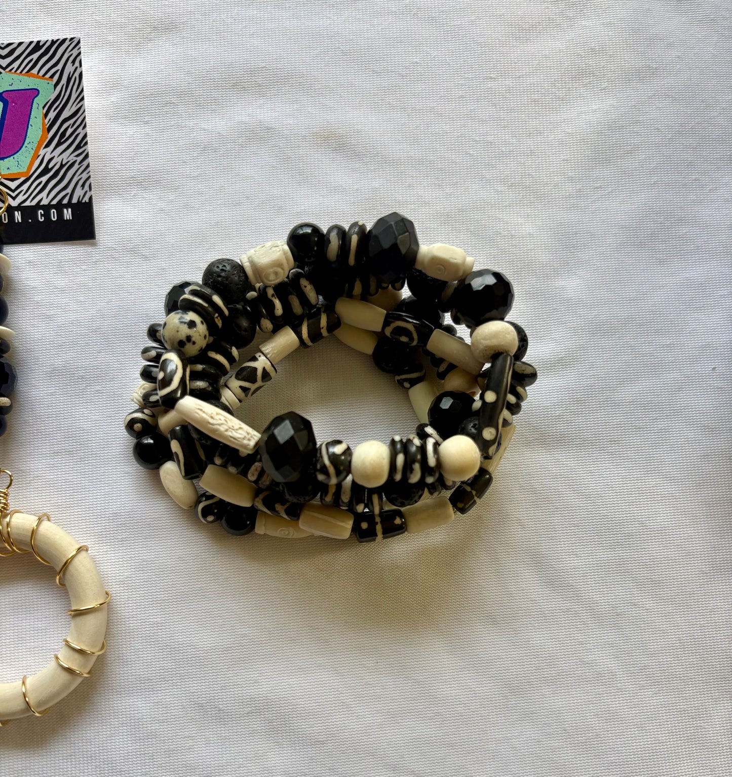 Bone & Noir Bracelet Stack of 5 Set & Earrings | Size 7.75 Inch Stretch Bracelets