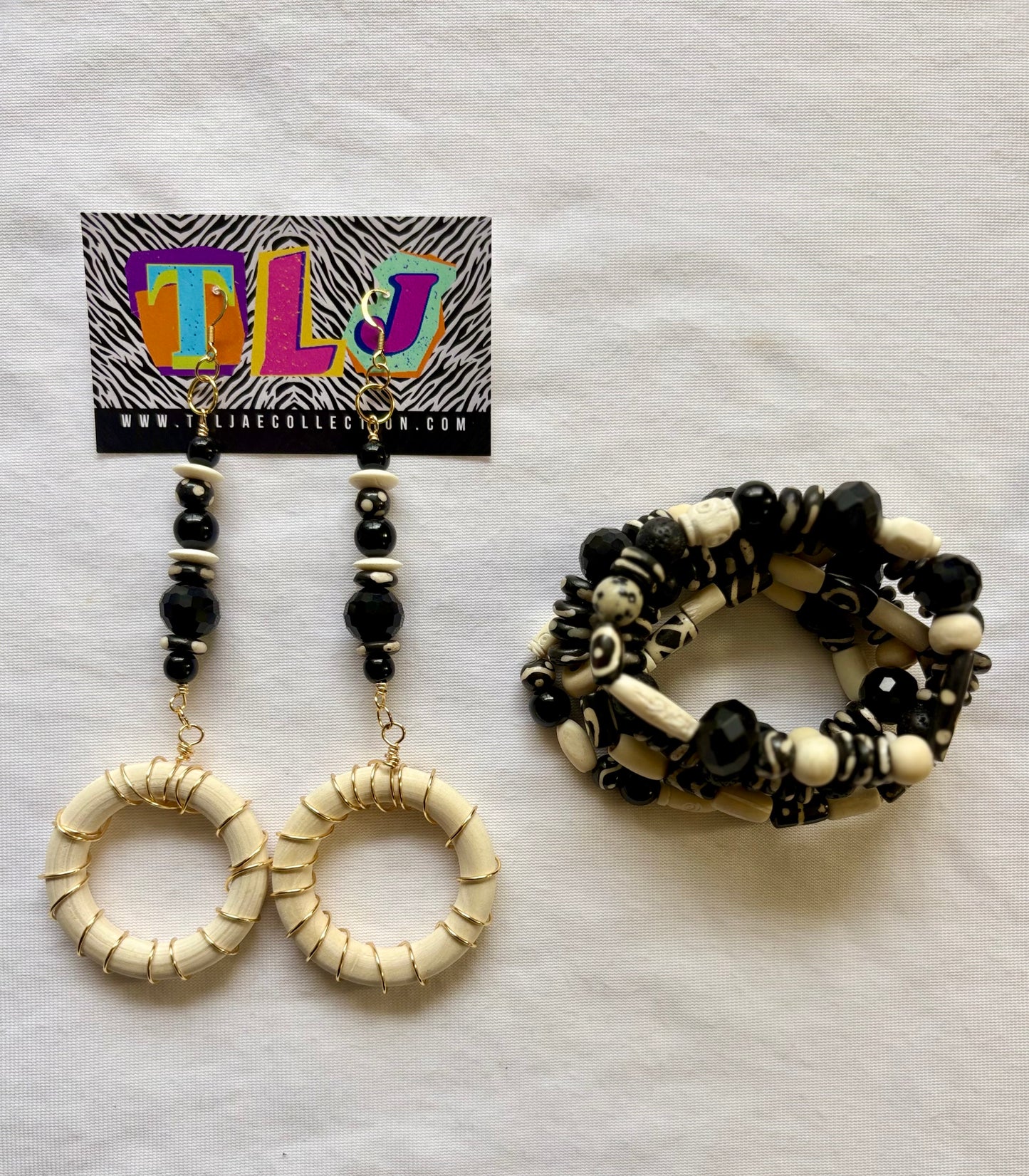 Bone & Noir Bracelet Stack of 5 Set & Earrings | Size 7.75 Inch Stretch Bracelets