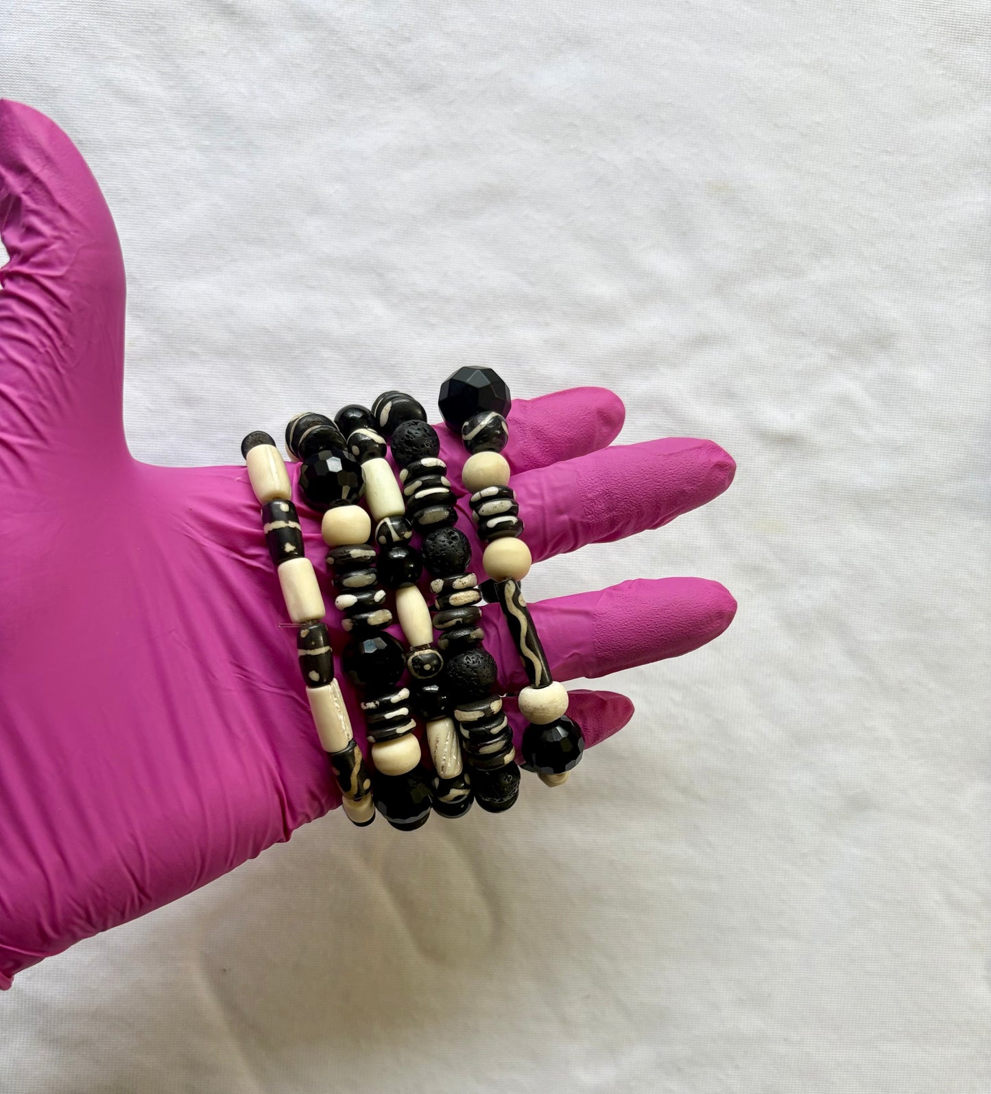 Bone & Noir Bracelet Stack of 5 Set & Earrings | Size 7.75 Inch Stretch Bracelets