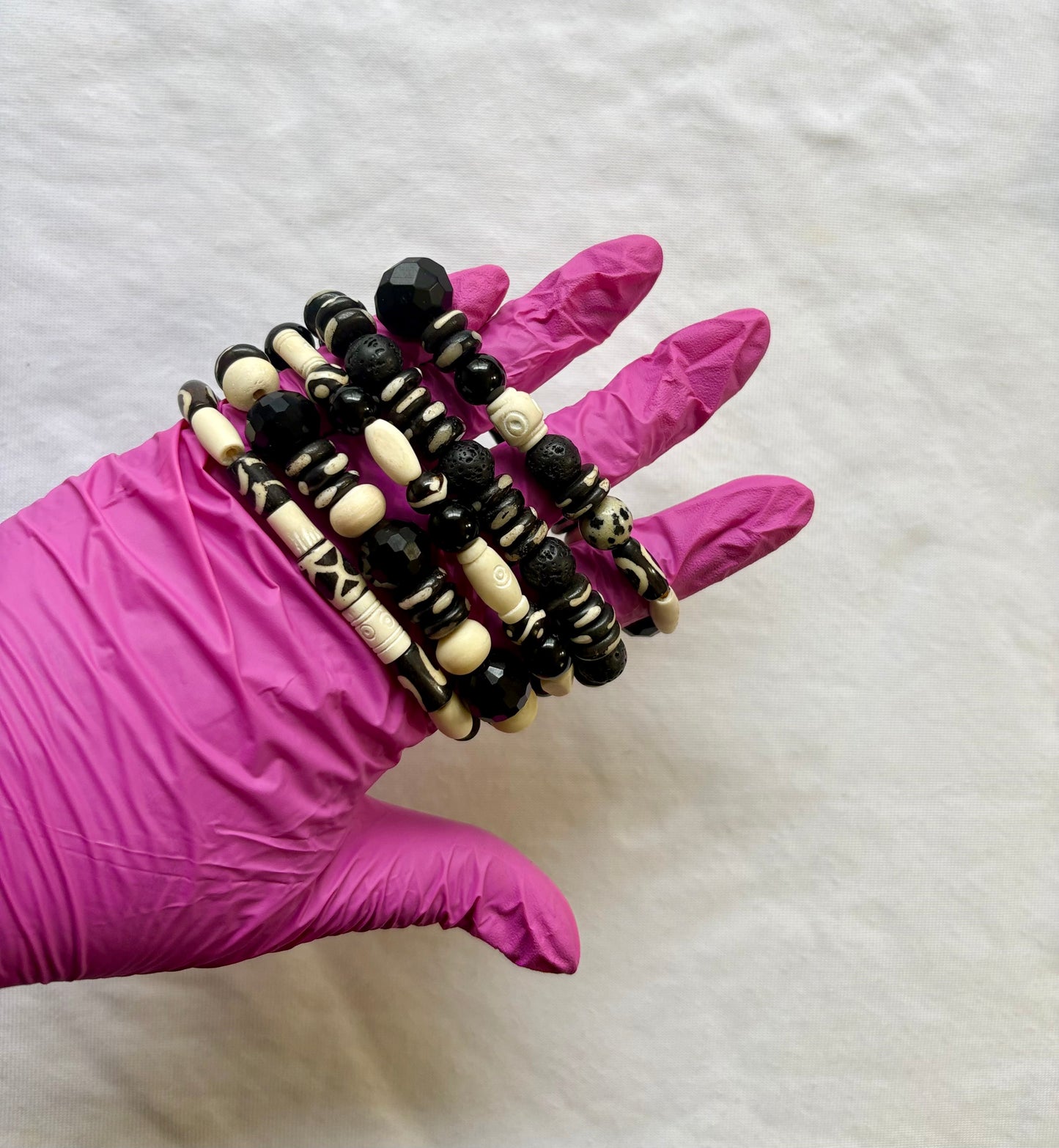 Bone & Noir Bracelet Stack of 5 Set & Earrings | Size 7.75 Inch Stretch Bracelets