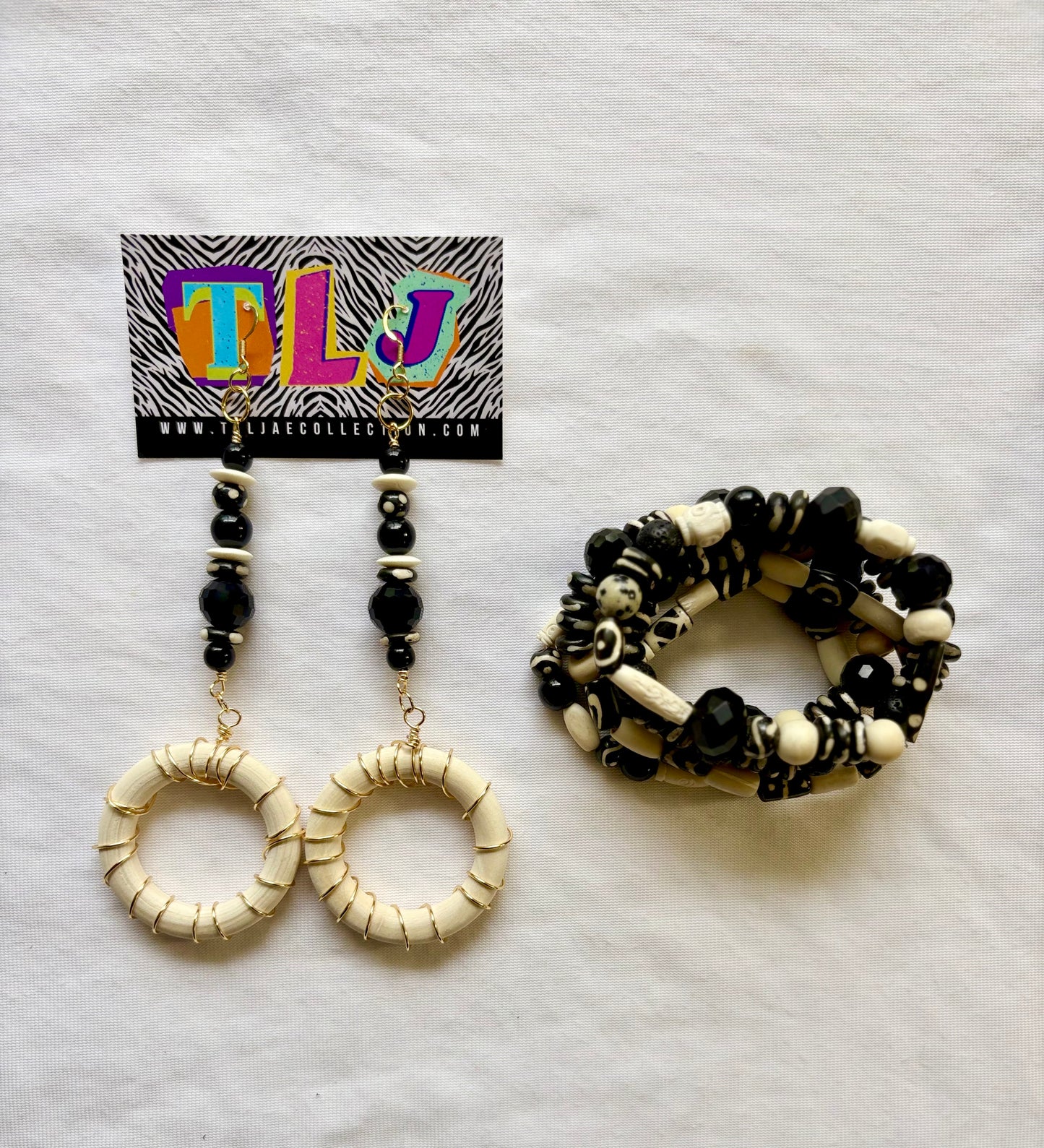 Bone & Noir Bracelet Stack of 5 Set & Earrings | Size 7.75 Inch Stretch Bracelets