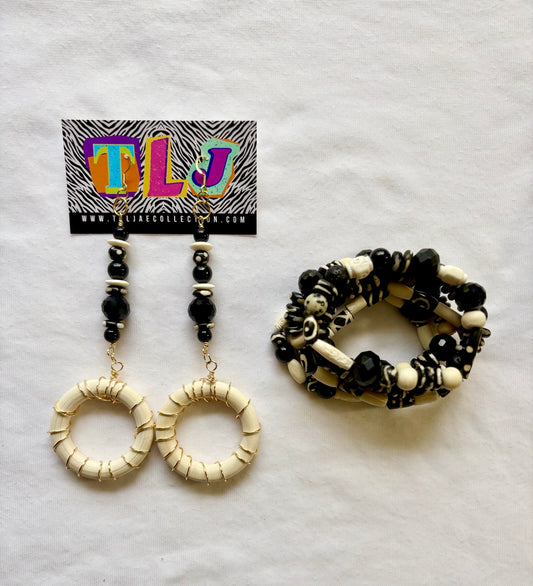 Bone & Noir Bracelet Stack of 5 Set & Earrings | Size 7.75 Inch Stretch Bracelets