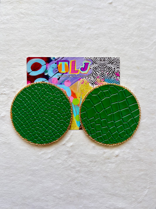 Emerald Crocodile Statement Stud -MTO Earrings 3.5 Inches