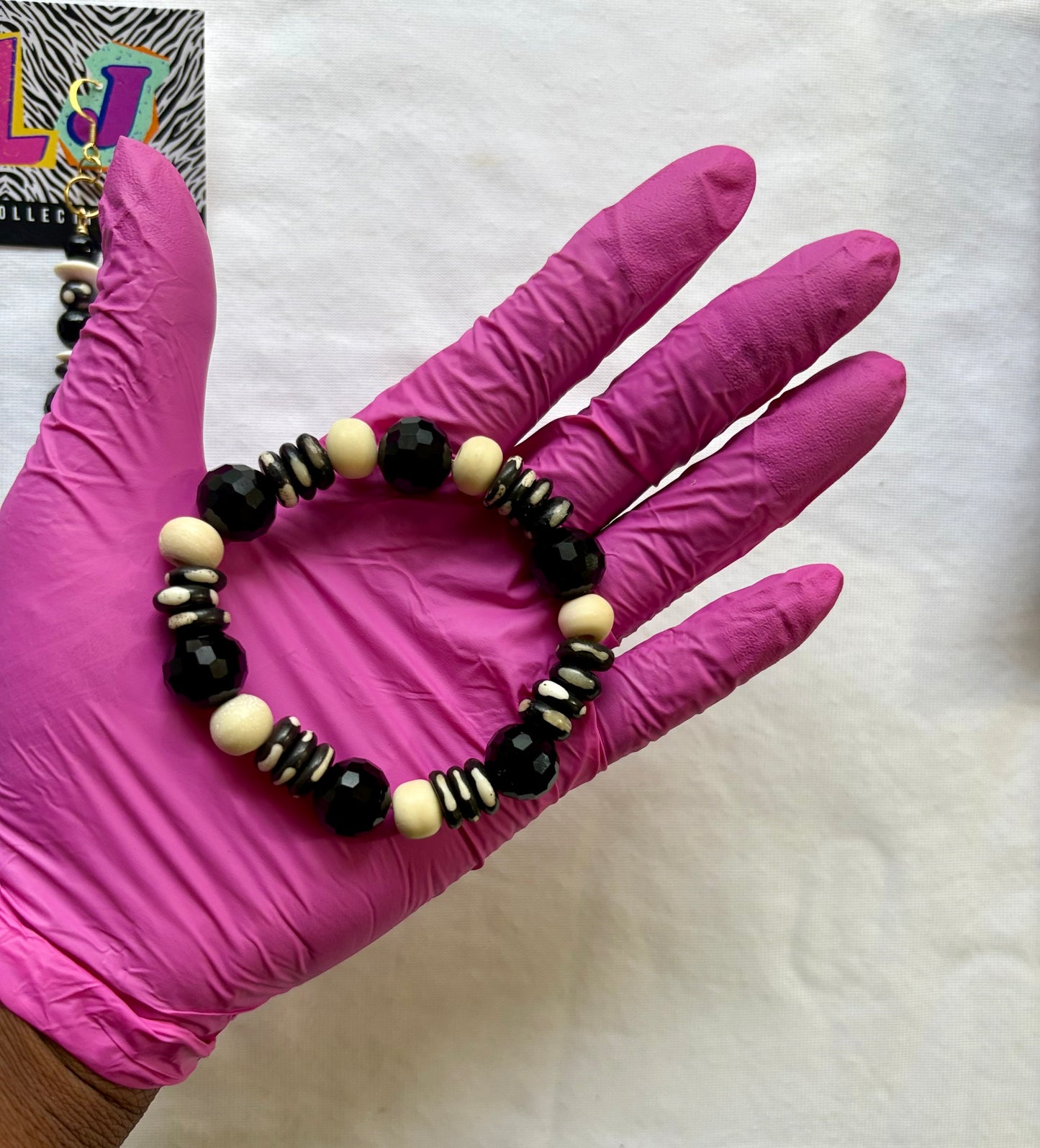 Bone & Noir Bracelet Stack of 5 Set & Earrings | Size 7.75 Inch Stretch Bracelets