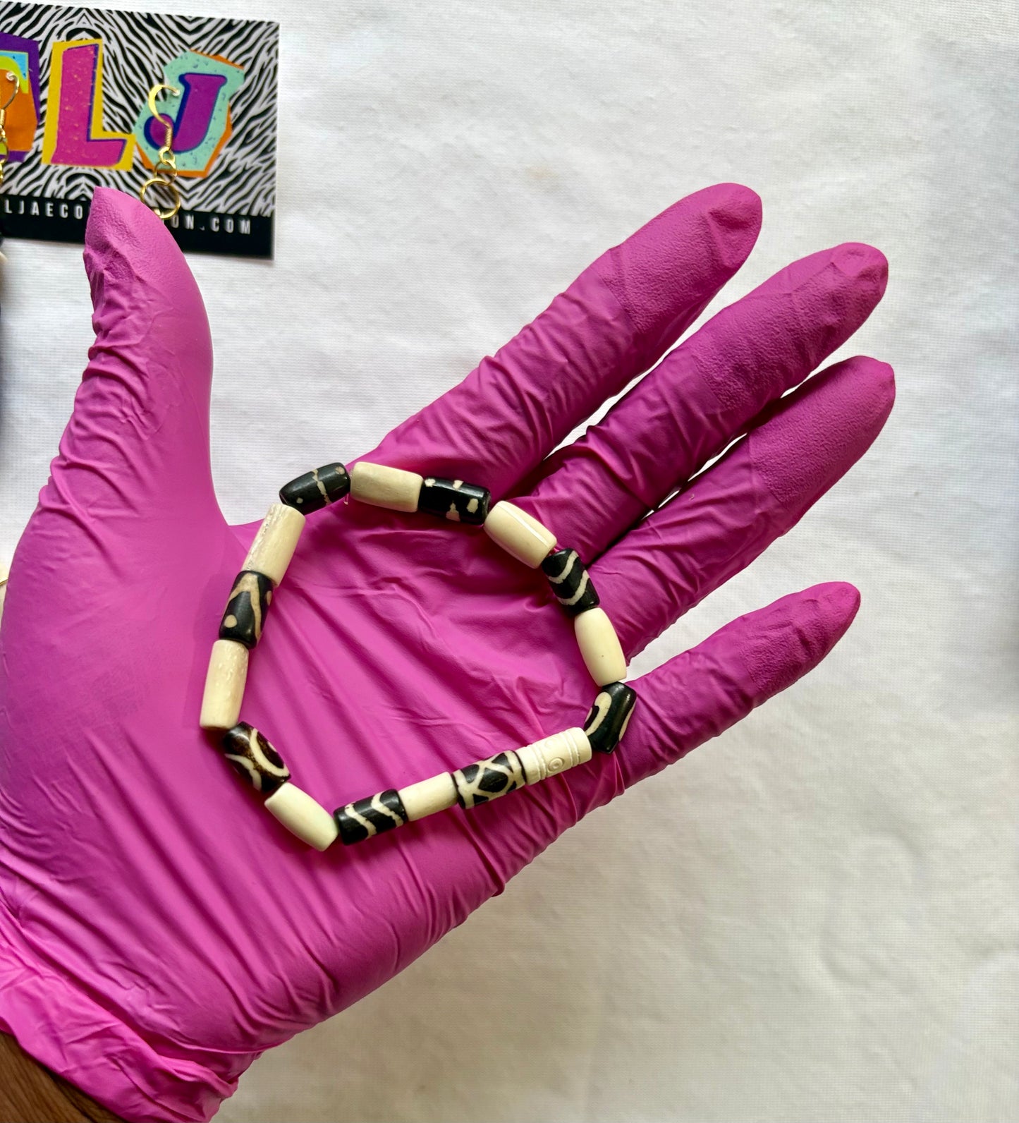 Bone & Noir Bracelet Stack of 5 Set & Earrings | Size 7.75 Inch Stretch Bracelets