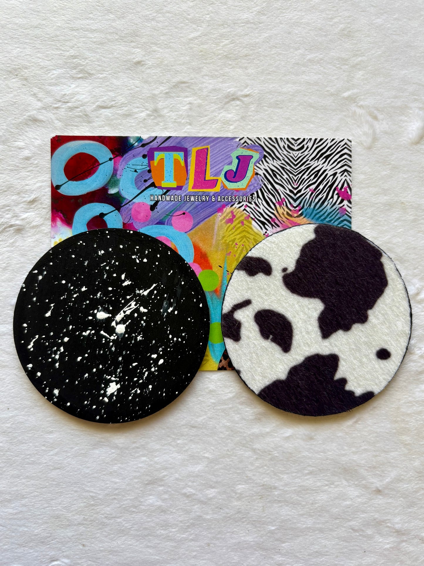 Black Cow Print Statement Stud Earrings 3.5 Inches