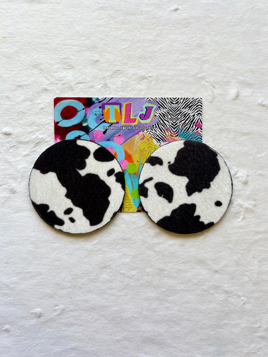 Black Cow Print Statement Stud Earrings 3.5 Inches